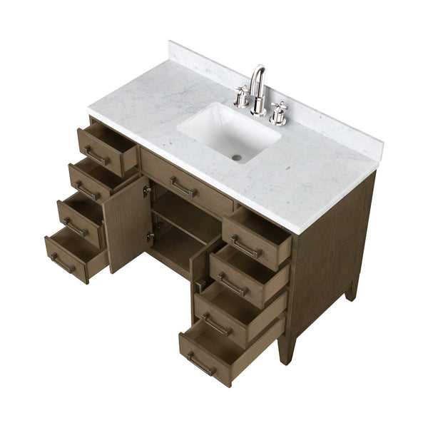 English Elm Grey Oak Single Bath Vanity With Carrara Marble Top, Faucet Set, Soft-Close Drawers & Stylish Storage B2731P259818