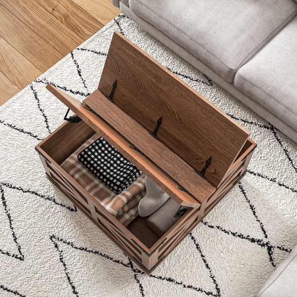English Elm HOMCOM Farmhouse Coffee Table with Flip Lift Top and Hidden Storage, Square Center Table, Rustic Charm Brown W2225P217458