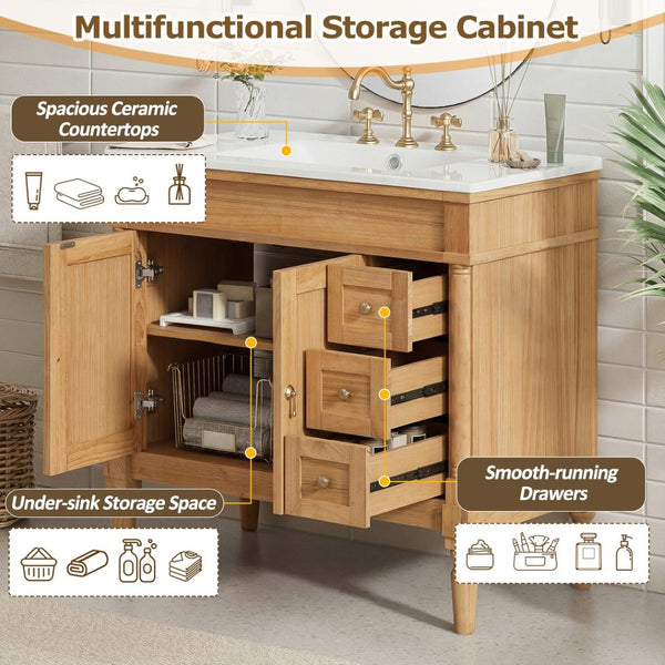 English Elm 36" Freestanding Bathroom Vanity Solid Wood Cabinet with Ceramic Sink and Soft Close Storage N729P300165N