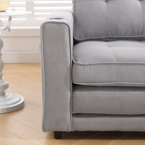English Elm {VIDEO 3-in-1 Upholstered Futon Sofa Bed Convertible Loveseat with Tufted Back, Cup Holders & Side Pockets Light Gray W2325P183182