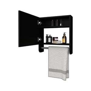 English Elm Pine Mirrored Medicine Cabinet with Towel Bar and Two Shelves — Wall-Mounted Bathroom Storage Unit Black 20.3 L x 18.3 W x 2.4 H B128P237173