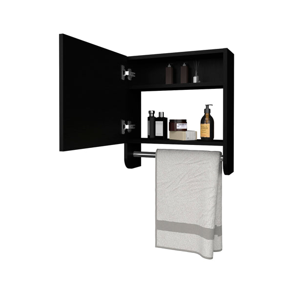 English Elm Pine Mirrored Medicine Cabinet with Towel Bar and Two Shelves — Wall-Mounted Bathroom Storage Unit Black 20.3 L x 18.3 W x 2.4 H B128P237173