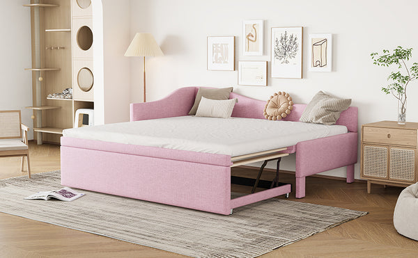 English Elm Twin Upholstered L-Shaped Daybed with Pop-Up Trundle, Space-Saving Guest Bed with Slats Kit and 400lb Capacity Pink SF000193AAH