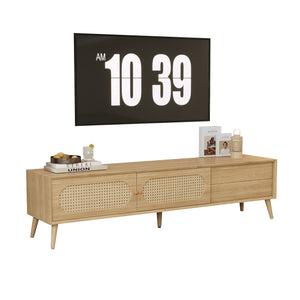 English Elm Boho Rattan-Style TV Stand for TVs up to 80" — Modern Farmhouse Media Console with Storage Drawer and Cable Management N710P222775P