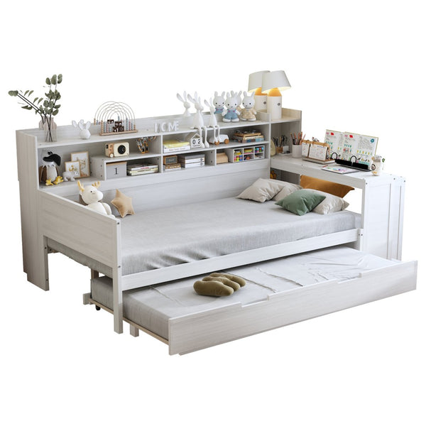 English Elm Wooden Twin Daybed with Trundle Built-in Desk and Open Shelves for Kids Rooms Antique White N733S373389K