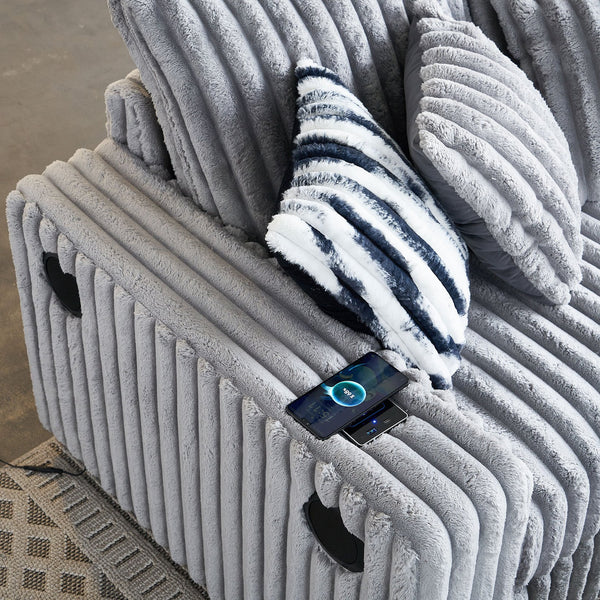 English Elm 61.42Inch Square Arm Loveseat With Ottoman Upholstered Velvet, Bluetooth Speaker, Wireless Charger, USB Ports, Cup Holder, Cozy Channeling Design LIGHT GREY W579S00020
