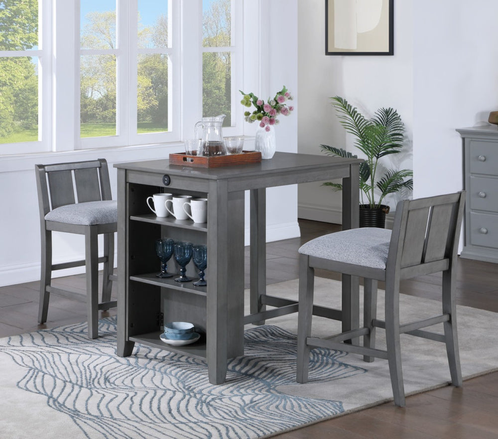English Elm Gregorio 3 Piece Counter Dining Set with Usb Ports Open Shelf and Upholstered Seating Gray B2749S00334