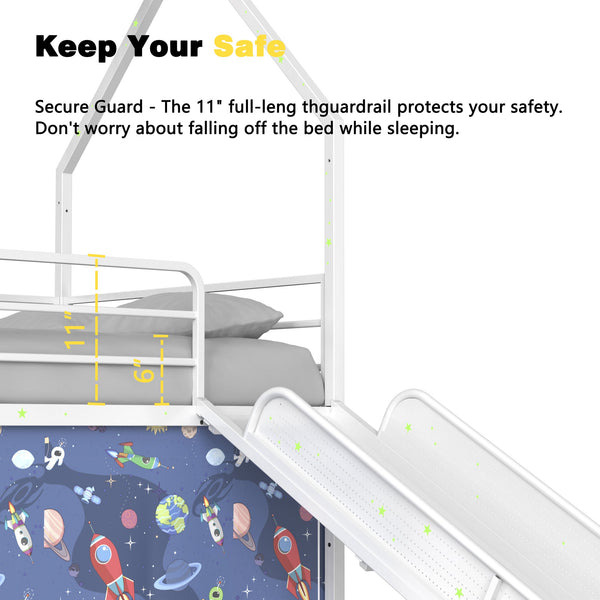 English Elm Jack Metal Junior Twin Loft Bed With Slide, Curtain Set, Pennant Banner & Star Stickers - White/Blue B083P354664