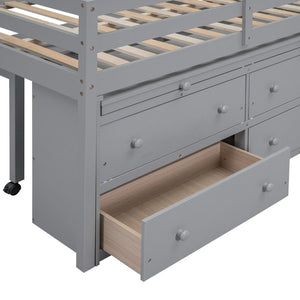 English Elm Full Size Kids Loft Bed Pinewood Frame Dual Study Desks Drawers and Open Shelving Gray LT000369AAE