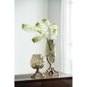 English Elm 9x7x18" Sculptural Gold Glass Vase with Splayed Aluminum Legs for Glam Interiors W2078P490402