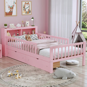 English Elm Twin Size Bed With Pink Finish, Headboard Storage, Under-Bed Drawers & Guardrails For Kids' Safety N733P272374H-GIGA
