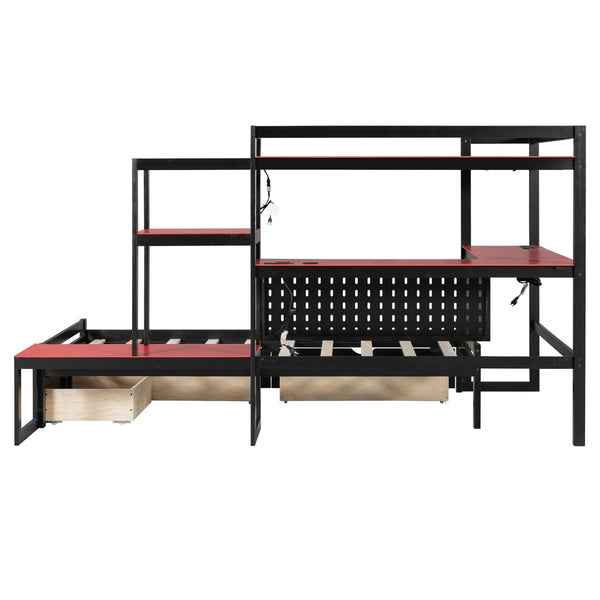 English Elm Twin Gaming Daybed with Led Strips Desk Pegboard Bookcase and Three Storage Drawers Black+Red N820S00083J