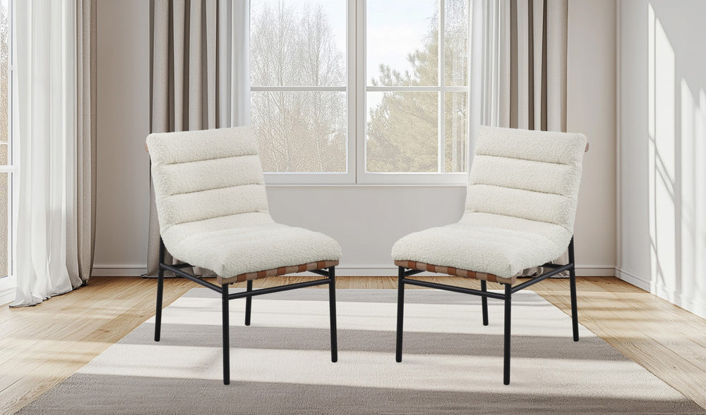 English Elm Liana Boucle Upholstered Dining Chairs Set of 2 with Cognac Leather Accents Iron Legs White B2749P413191