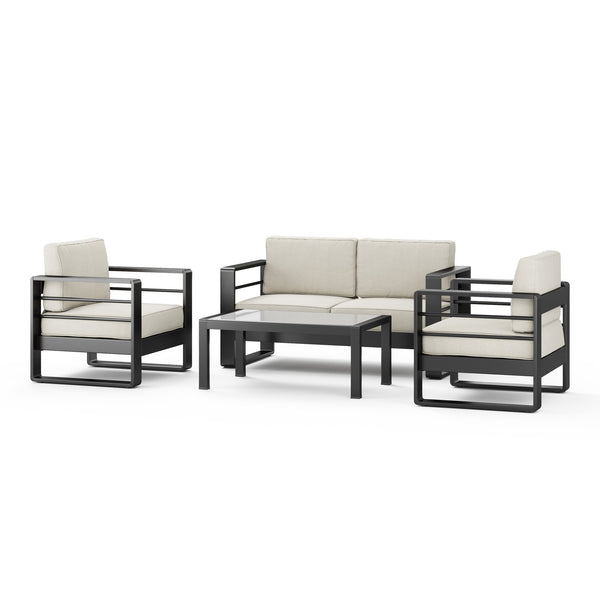 English Elm Christopher Knight Home® - MAYA 4pc Outdoor Patio Aluminum Chat Set in Matte Black with Plush Beige UV-Resistant Cushions, Glass Top MAYA4PCSETBG