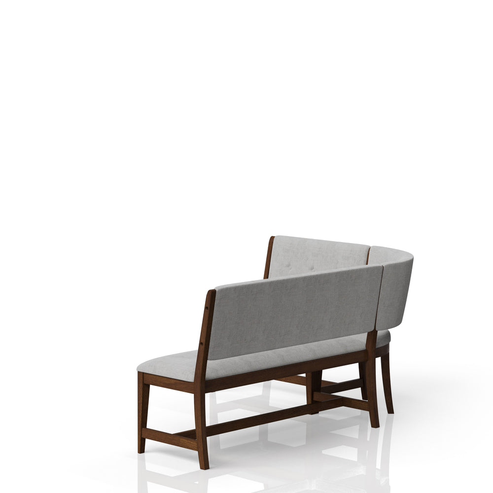 English Elm Curved Beige Mid-Century Dining Bench with Upholstered Seat & Back, Reversible Long Side, Wood Finish B2699S00001