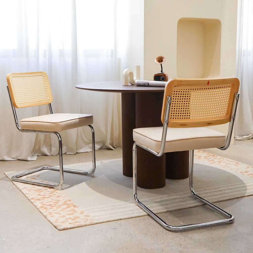 English Elm Dining Chairs Set of 4 Velvet Seat Woven Rattan Back Chrome Cantilever Frame Champagne W2105S00003