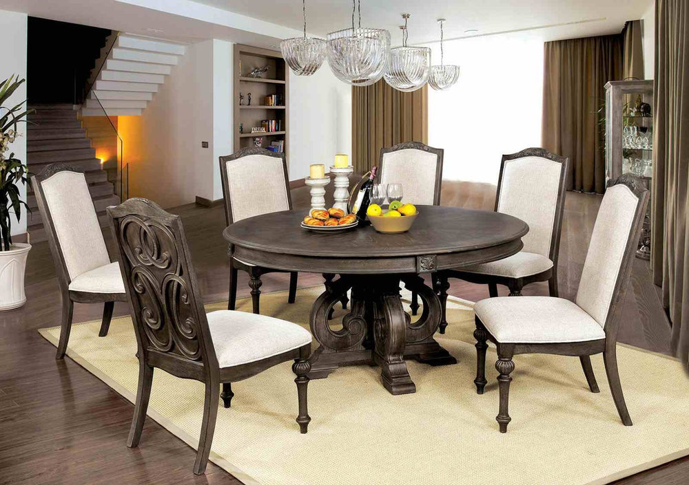 English Elm Elegant Round Pedestal Dining Set Carved Wood Table with Four Upholstered Side Chairs Ivory,Natural,Natural+Rustic B2741S00885