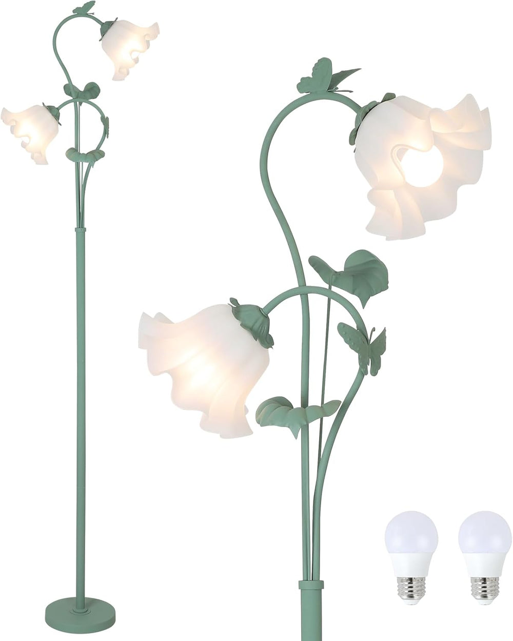 English Elm Flower Vintage Floor Lamp with Acrylic Lily Shades, 63.5" Green Metal Standing Light, 2 LED Bulbs W2738P400649