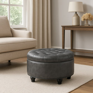 English Elm Gery Round Tufted Storage Ottoman Faux Leather Lift Top Living Room Footrest Black+ Gray B056P416974