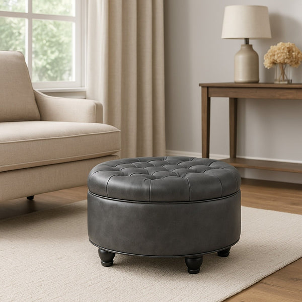 English Elm Gery Round Tufted Storage Ottoman Faux Leather Lift Top Living Room Footrest Black+ Gray B056P416974