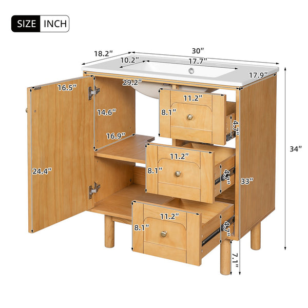 English Elm 30 Inch Bathroom Vanity with Ceramic Sink, Grey Farmhouse Cabinet w/3 Soft-Close Drawers & Storage N710P333972P