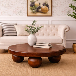English Elm Solid Wood Round Coffee Table Handcrafted Organic Low Profile Living Room Accent B182P490940