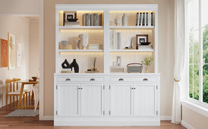 English Elm 83.4"Tall Bookcase Suite with LED Lighting, 2-Piece Modern White Storage Set with Doors Drawers and Adjustable Shelves for Living Room Office (Stylish, Spacious) SR000005AAK