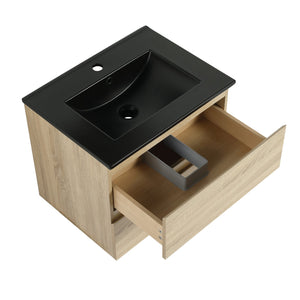 English Elm 24" Wall-Mounted Bathroom Vanity With Black Sink, 2 Soft-Close Drawers - Ideal For Compact Spaces! W999S00192