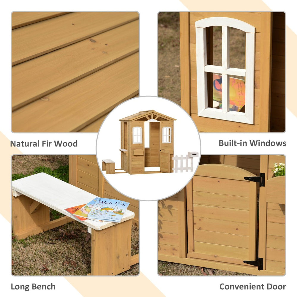 English Elm Outsunny Kids Wooden Backyard Cottage Playhouse with Mailbox Bench and Windows W2225P217338