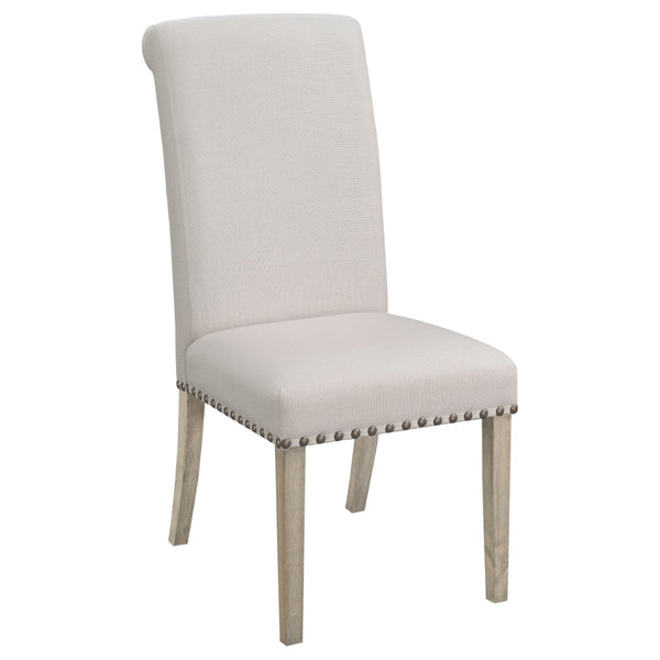 English Elm Rustic Honey Pine Pedestal Round Dining Set Seats Four with Nailhead Chair Trim B062S01844