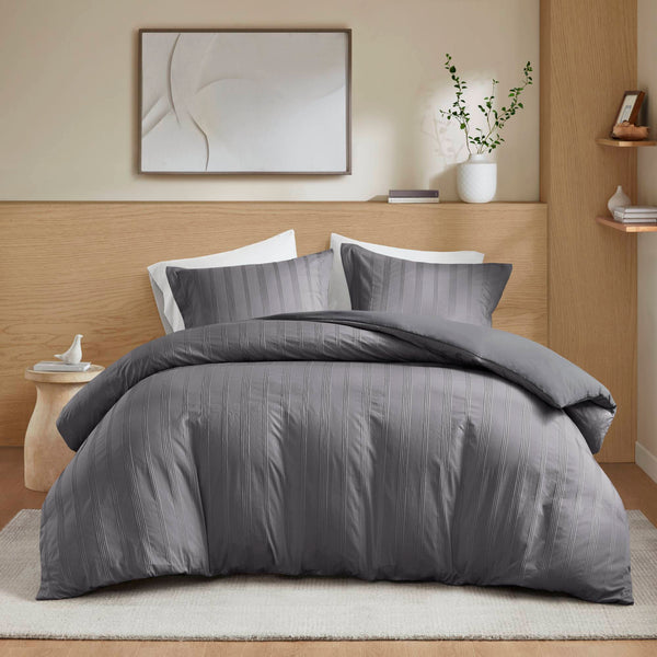 JLA Home Super Listing - Woven Logan duvet set with subtle woven stripe, brushed microfiber reverse & hidden zipper closure Charcoal AM12-0581