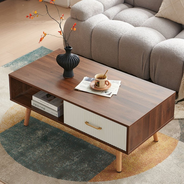 English Elm Rectangle Coffee Table With Solid Wood Legs & Sliding Drawer - Modern Walnut Design For Living Room W1265P236879-GIGA