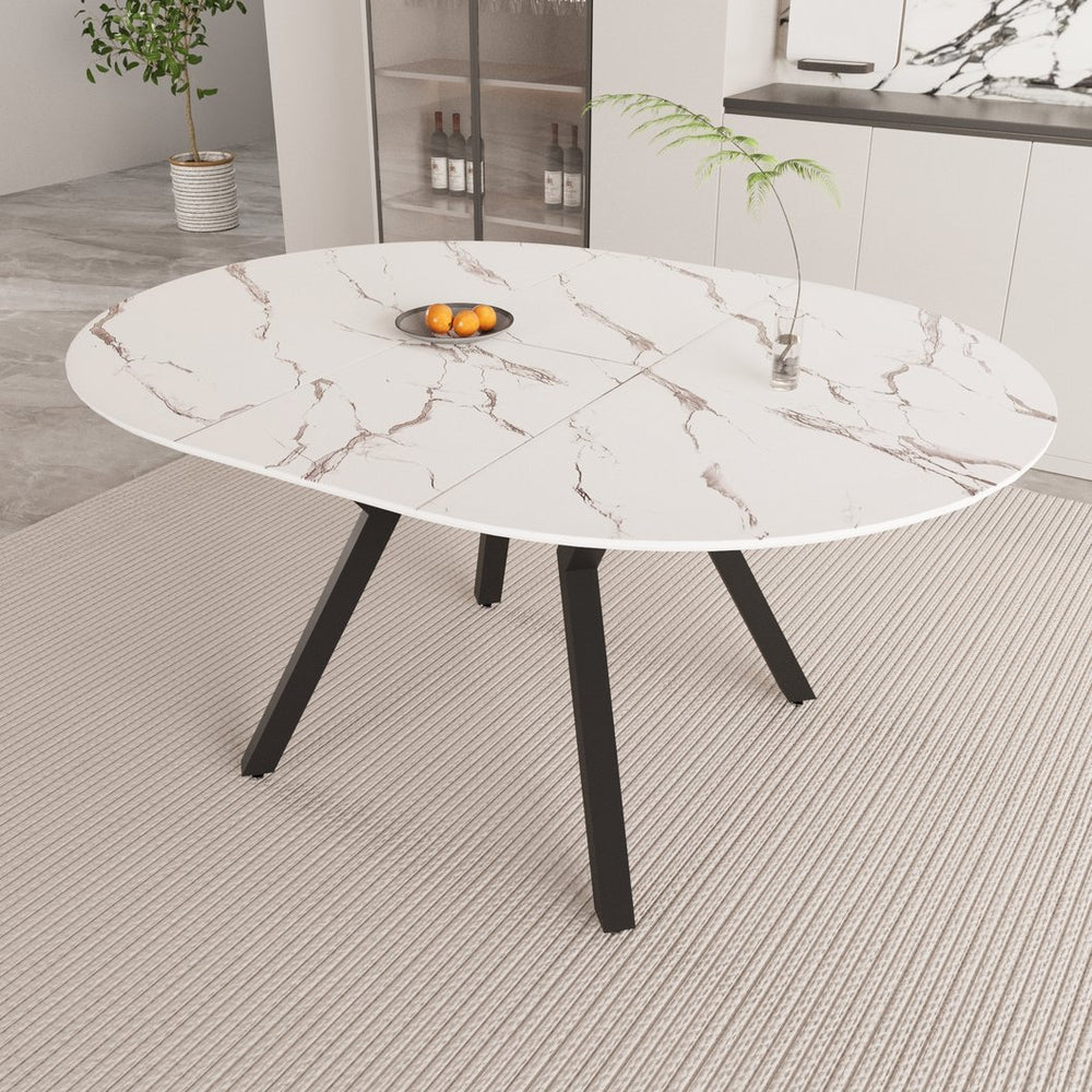 English Elm 47-63 Extendable White Round Dining Table for 4-6, MDF Top & Black Metal Legs, Modern Space-Saving Design W3732S00001