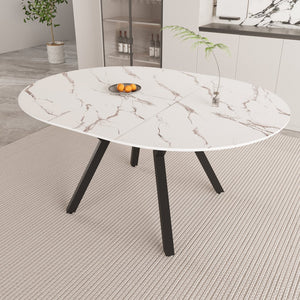 English Elm 47-63 Extendable White Round Dining Table for 4-6, MDF Top & Black Metal Legs, Modern Space-Saving Design W3732S00001