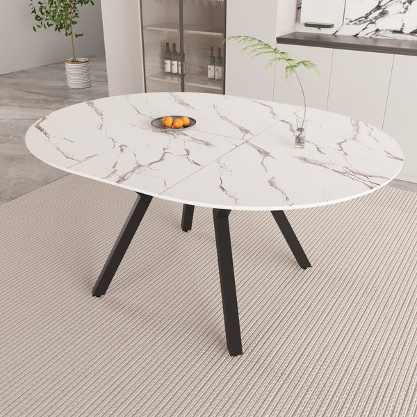 English Elm 47-63 Extendable White Round Dining Table for 4-6, MDF Top & Black Metal Legs, Modern Space-Saving Design W3732S00001