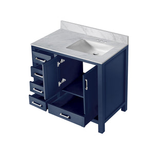 English Elm Navy Blue Bath Vanity With Carrara Marble Top, Right Offset Sink, Soft-Close Drawers & Storage B2731P258857