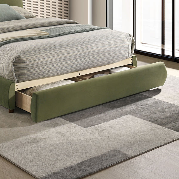 English Elm Olive Curved Upholstered Queen Bed with Built-In Footboard Drawer, Solid Wood Frame, Luxurious Velvet Finish Olive Green 32 L x 21 W x 15 H B2741S00716
