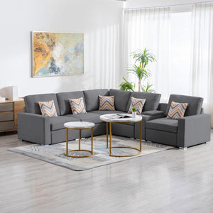 English Elm Nereo Six Piece Linen Sectional Sofa with Charging Console Storage and Reversible Layout B2749S00128