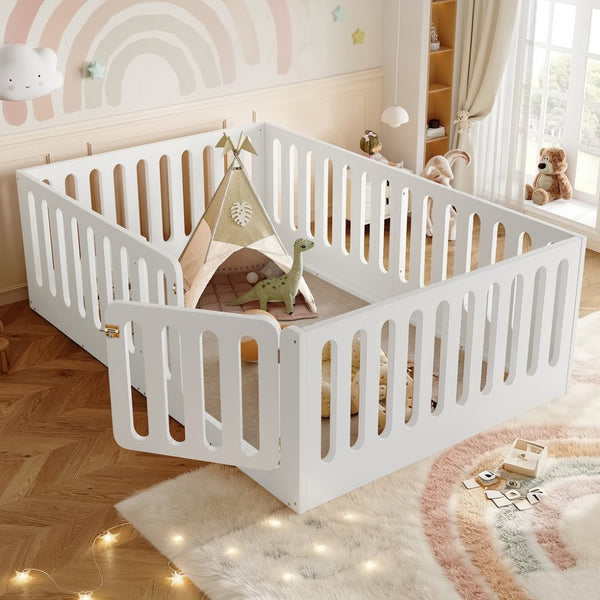 English Elm Twin Solid Pine Montessori Floor Bed with House Frame Door and Safety Fence Light White W5305P420635