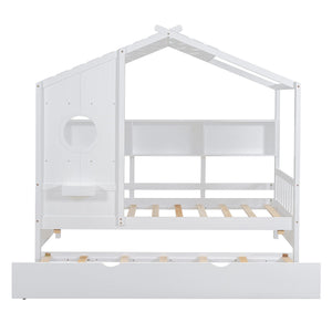 English Elm Wooden Twin House Bed with Trundle and 3 Back Shelves, Pine Frame Playful Loft Design for Kids White 41.7 L x 16.25 W x 6 H N733S316110K