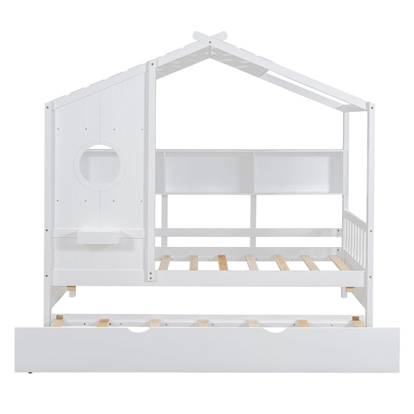 English Elm Wooden Twin House Bed with Trundle and 3 Back Shelves, Pine Frame Playful Loft Design for Kids White 41.7 L x 16.25 W x 6 H N733S316110K