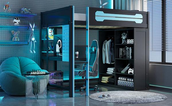 English Elm Full Size Gaming Loft Bed with Rgb Lighting Integrated Desk and Open Wardrobe Blue N820S00073C