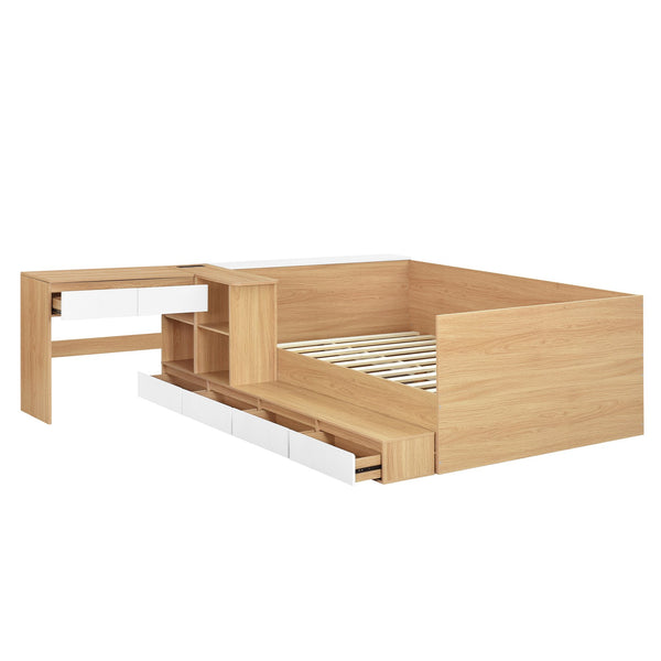 English Elm Full Size Wooden Platform Bed With 6 Drawers, Open Shelves & Dressing Table - Stylish & Functional! N820S00059N