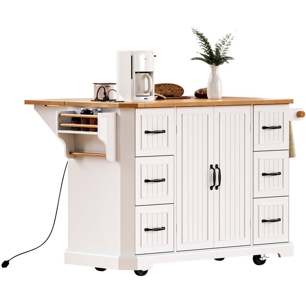 English Elm K&K 56-Inch Kitchen Island Cart with Embossed Vertical Stripe, Drop Leaf, Charging Station, Storage White N707P266184W