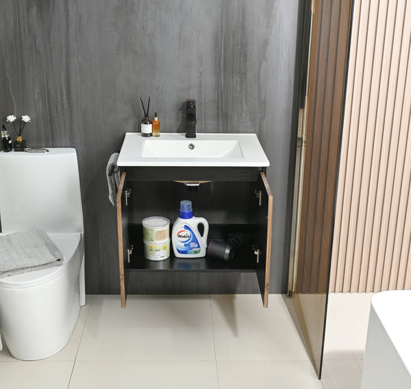 English Elm Goodyo 24" Wall-Mount Floating Bathroom Vanity Cabinet with Soft-Close Doors Stainless Towel Rack Black + Dark Walnut D163120298