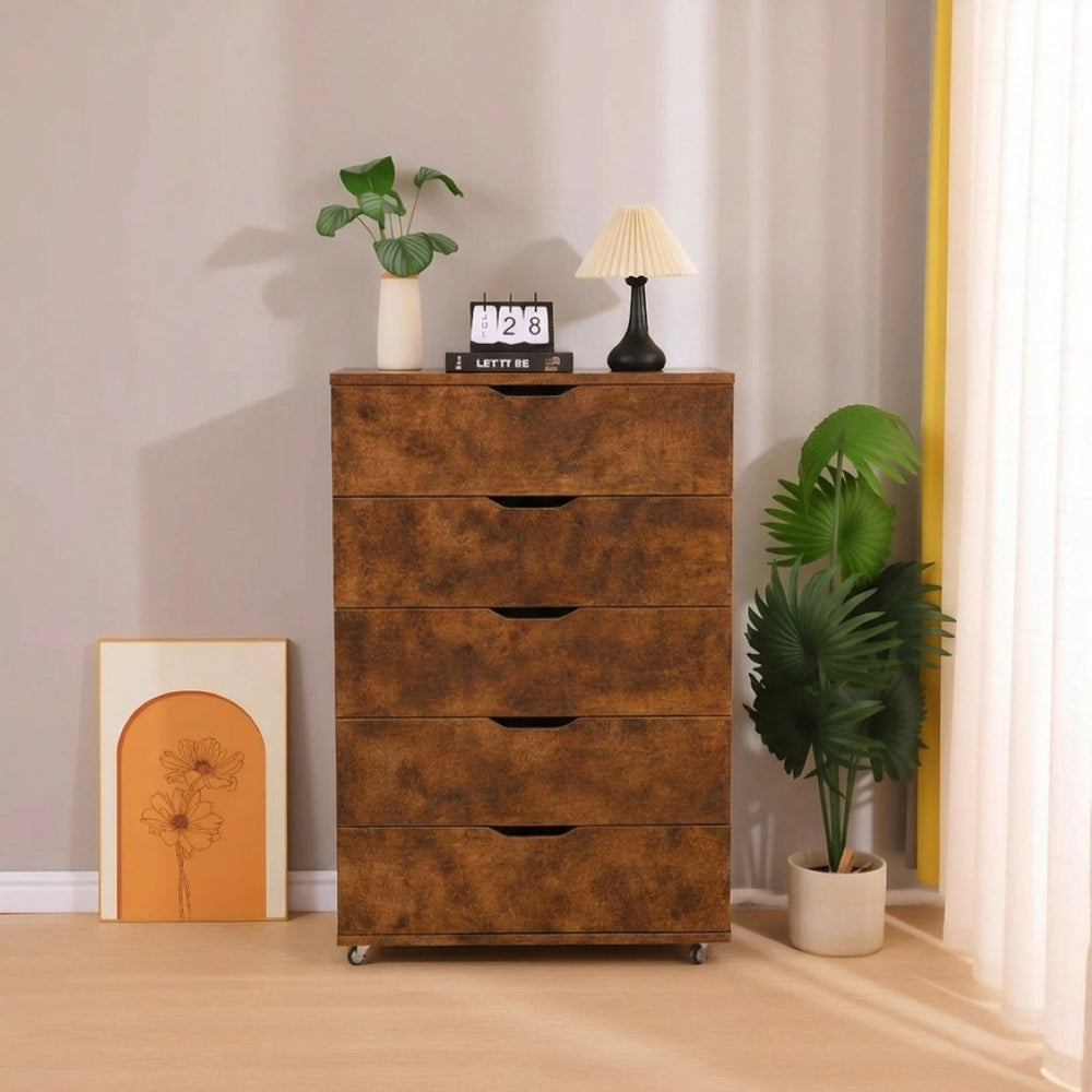 English Elm 5 Drawer Rolling Chest Distressed Finish Mobile Bedroom Storage Cabinet on Caster Wheels Rustic Brown B372P444032