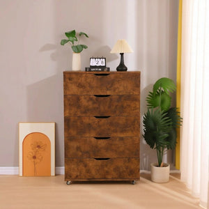 English Elm 5 Drawer Rolling Chest Distressed Finish Mobile Bedroom Storage Cabinet on Caster Wheels Rustic Brown B372P444032