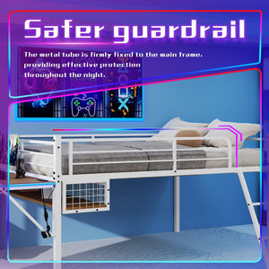 English Elm Full Size Steel Loft Bed with Integrated Desk Led Lighting and Under Bed Storage White W1935P463341