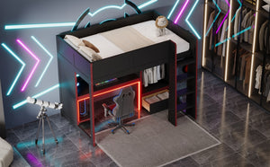 English Elm Wood Twin Gaming Loft Bed with Desk, Wardrobe, LED Lighting & Drawer — Space-Saving Black Red Accent, 400lb Capacity N7090004010B