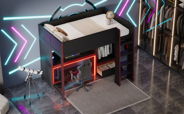 English Elm Wood Twin Gaming Loft Bed with Desk, Wardrobe, LED Lighting & Drawer — Space-Saving Black Red Accent, 400lb Capacity N7090004010B